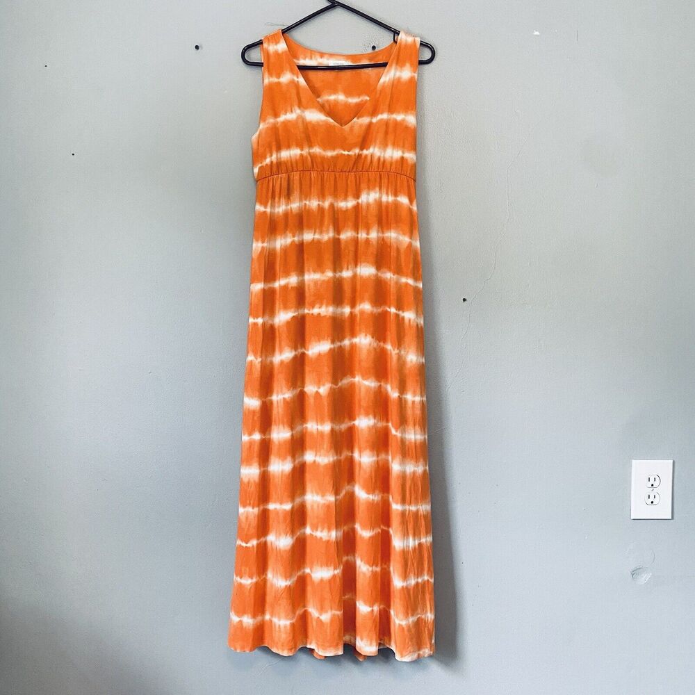 Chicos Dress Size Medium Orange Tie Dye Maxi Sleeveless Summer Sundress